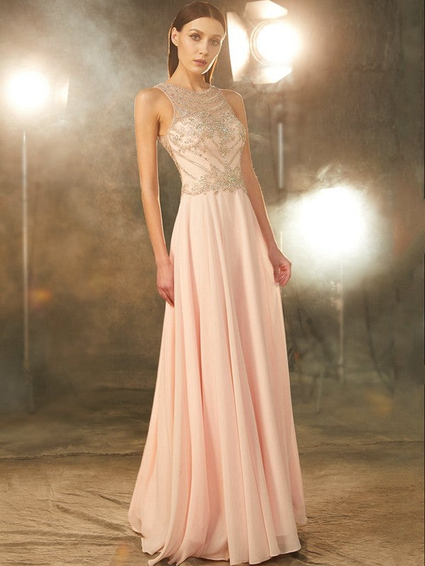 A-line Princess Dress Sleeveless Chiffon Crystal Floor Dress – OKBBN Dress