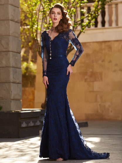 Speaker mermaid V-neck long sleeved Applique Sweet lace dress