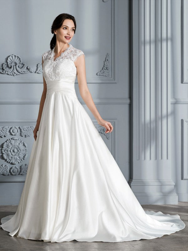 Sexy V-neck sleeveless palace skirt satin formal wedding dress