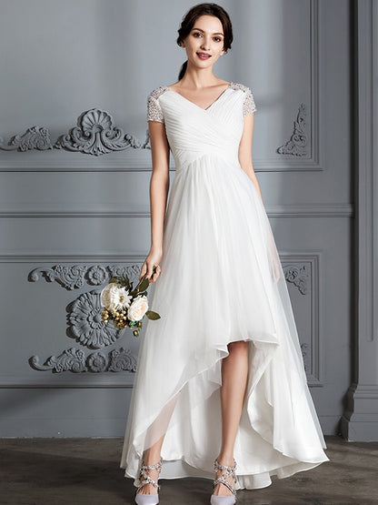 A-line elegant princess V-neck short sleeved asymmetrical sheer wedding dress