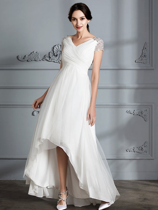 A-line elegant princess V-neck short sleeved asymmetrical sheer wedding dress