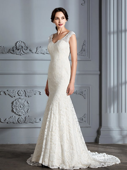 Slim fit mermaid sleeveless V-neck tie sweep brush train wedding dress