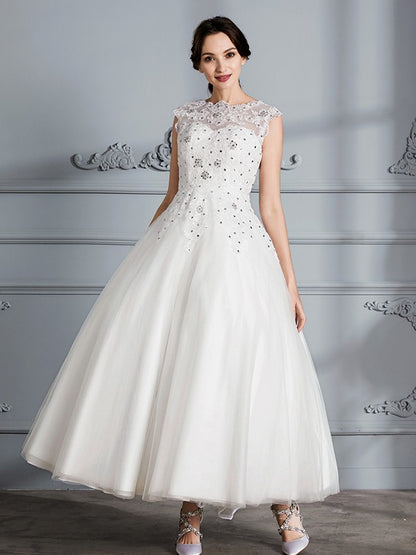 Elegant sleeveless tea long knee length sheer wedding dress