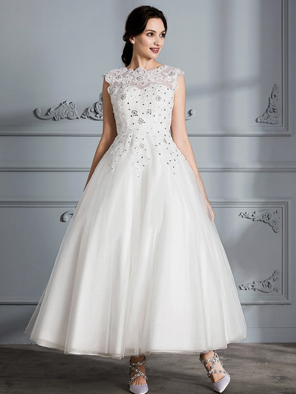Elegant sleeveless tea long knee length sheer wedding dress