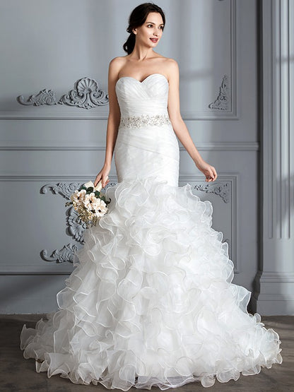 Small slim fit mermaid sweetheart sleeveless ruffled edge brushed train satin wedding dress