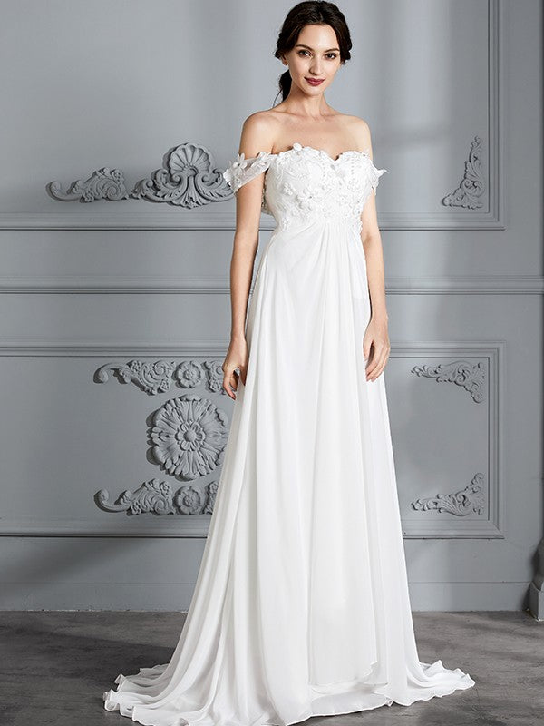 A-line skirt princess sexy off the shoulder sleeveless chiffon strapless wedding dress