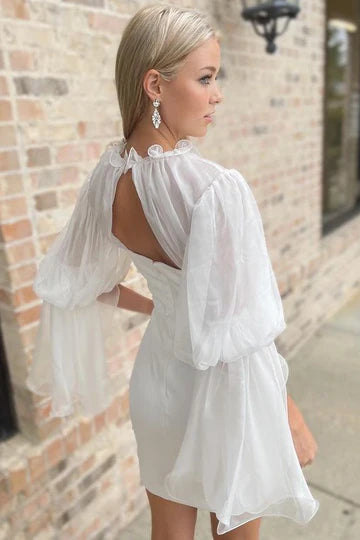High-Collar Long Sleeve Short Bride Gown