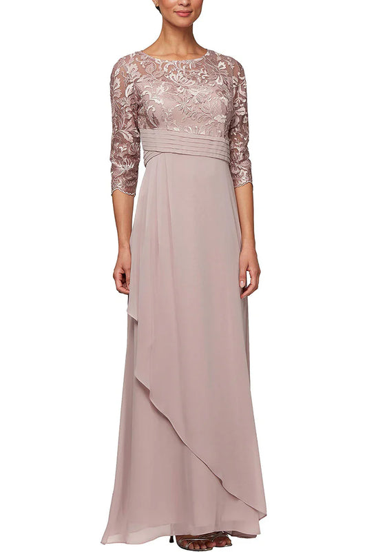 Scoop Neck 3/4 Sleeves Back Zipper Shimmering Long Embroidered Sequin Mother of the Bride Dresses