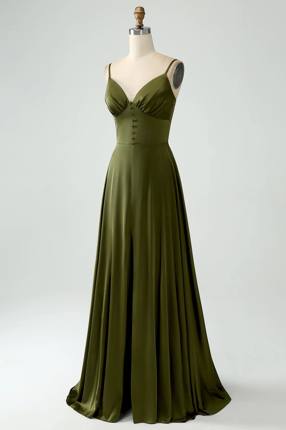 A-Line Spaghetti Straps Long Olive Bridesmaid Dress