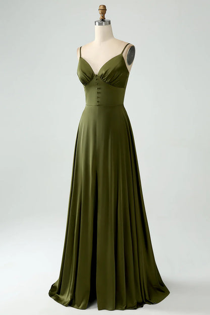 A-Line Spaghetti Straps Long Olive Bridesmaid Dress