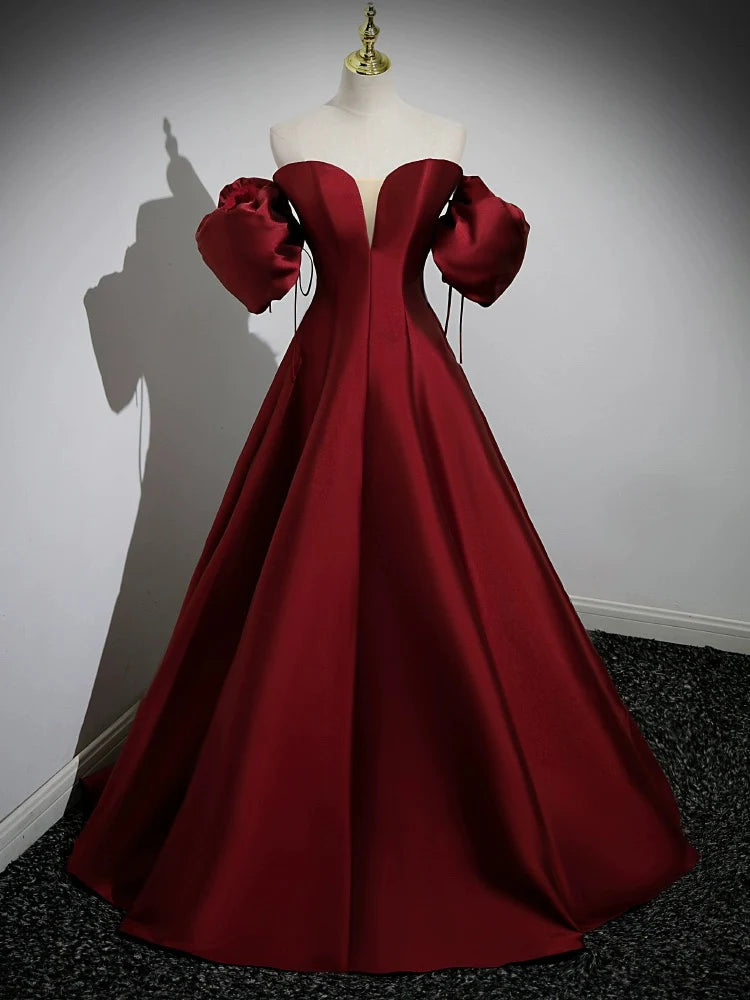 A-Line Puff Sleeves Satin Burgundy Long Evening Dress Burgundy Long Formal Dress
