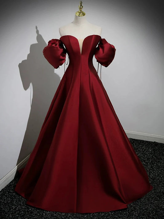 A-Line Puff Sleeves Satin Burgundy Long Evening Dress Burgundy Long Formal Dress