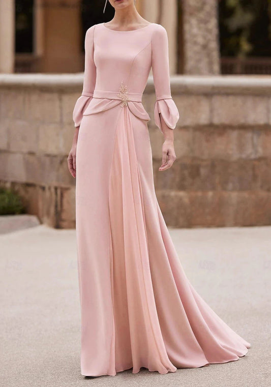 Mermaid / Trumpet Mother of the Bride Dress Wedding Guest Elegant Jewel Neck Floor Length Chiffon Crepe 3/4 Length Sleeve with
