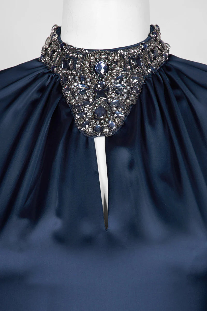 Embellished high Neck Long Sleeve Keyhole Front Zipper Back Satin Mother of the Bride Dresses