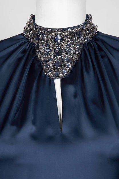 Embellished high Neck Long Sleeve Keyhole Front Zipper Back Satin Mother of the Bride Dresses