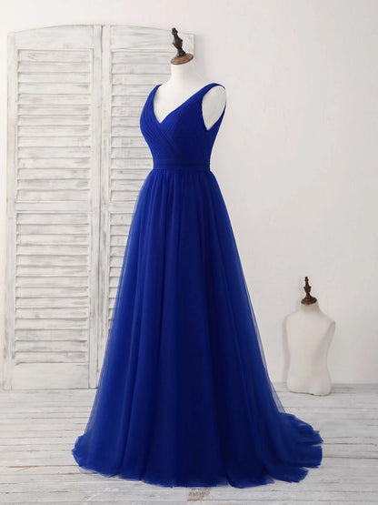 V Neck Royal Blue Tulle Long Prom Dress Blue Evening Dress