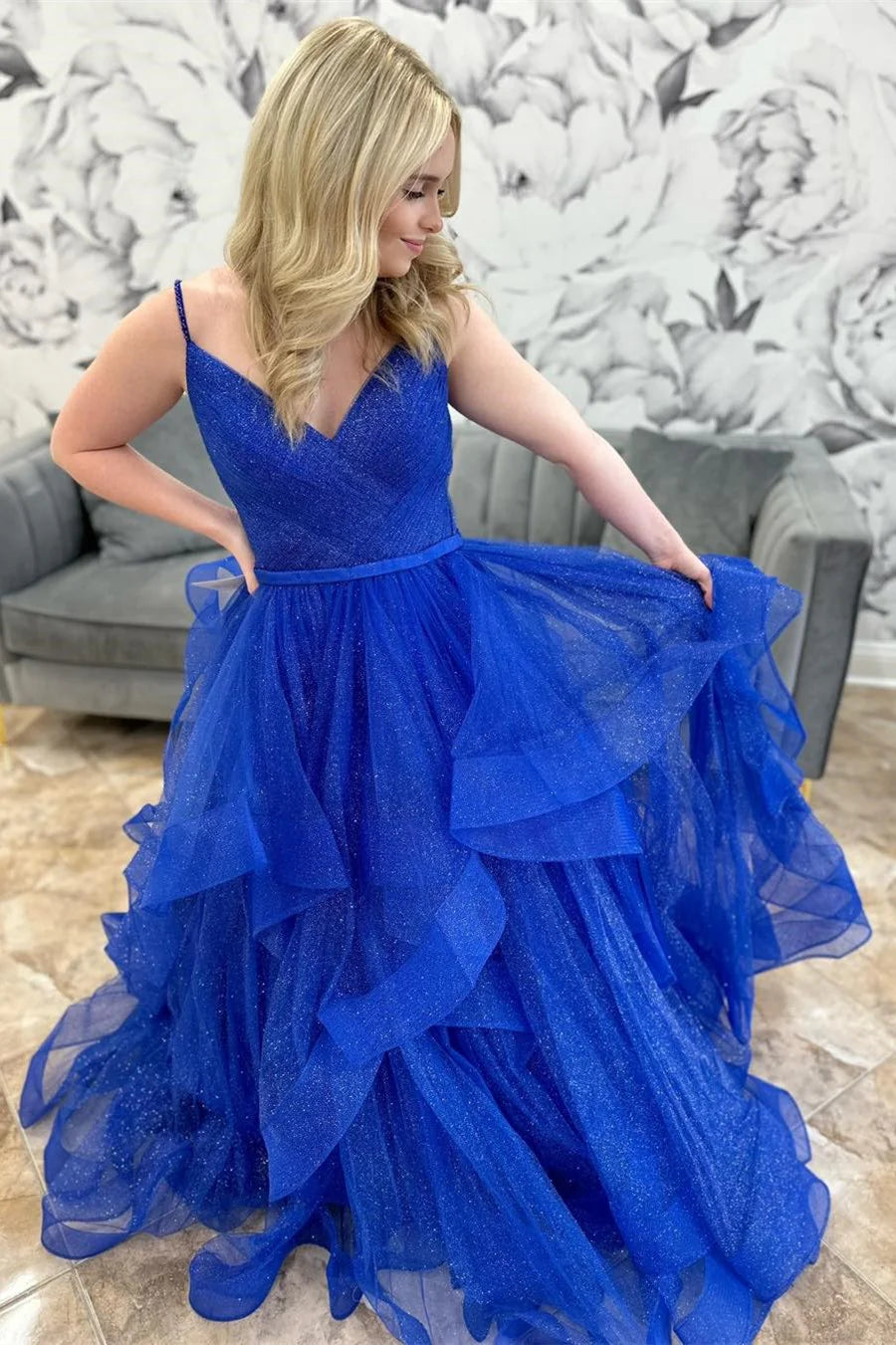 Sparkle Tulle V-Neck Multi-Layer Long Prom Dress