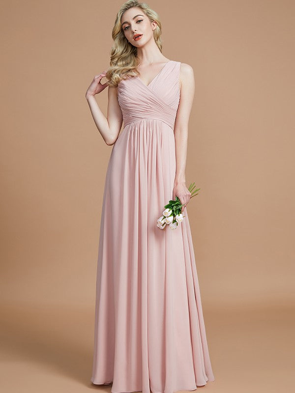 Princess V-neck Sleeveless Pleated Floor Chiffon Elegant Pink Bridesmaid Dress