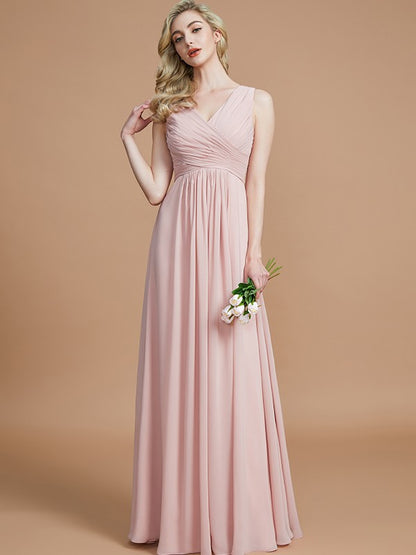 Princess V-neck Sleeveless Pleated Floor Chiffon Elegant Pink Bridesmaid Dress