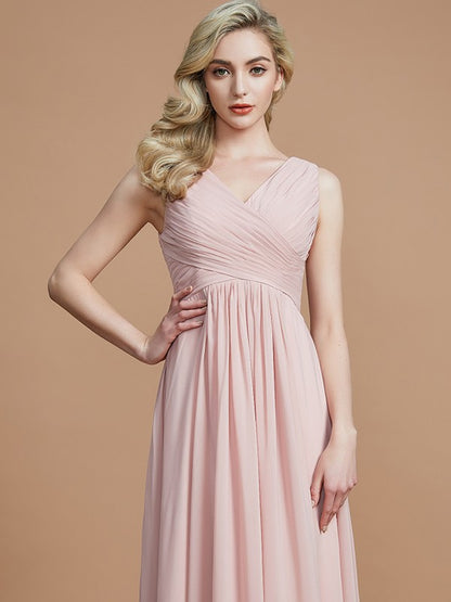 Princess V-neck Sleeveless Pleated Floor Chiffon Elegant Pink Bridesmaid Dress