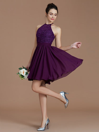 Elegant princess style backless sleeveless lace short mini chiffon bridesmaid dress