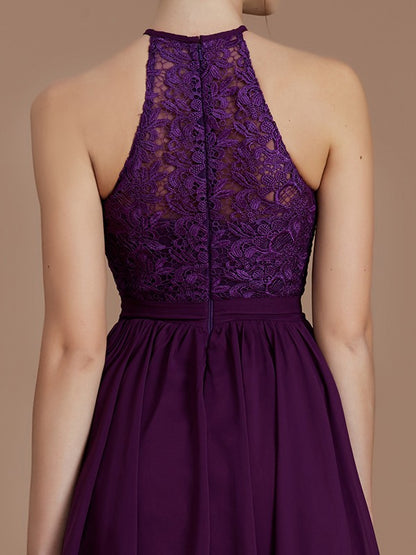 Elegant princess style backless sleeveless lace short mini chiffon bridesmaid dress