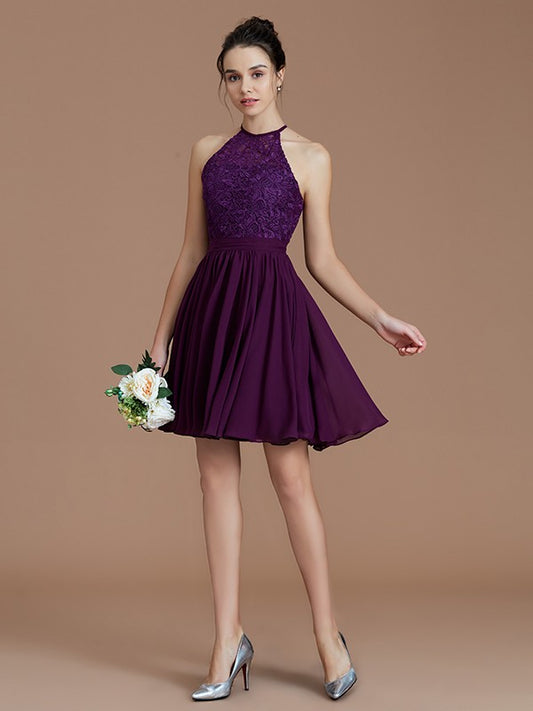Elegant princess style backless sleeveless lace short mini chiffon bridesmaid dress