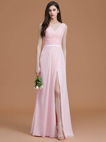 Princess V-neck sleeveless shoulder strap and ground pleated chiffon bridesmaid dress