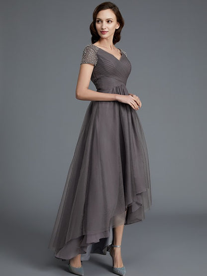 A-line Princess V-neck Short sleeved Asymmetric sheer High Color Bride Mother Dress