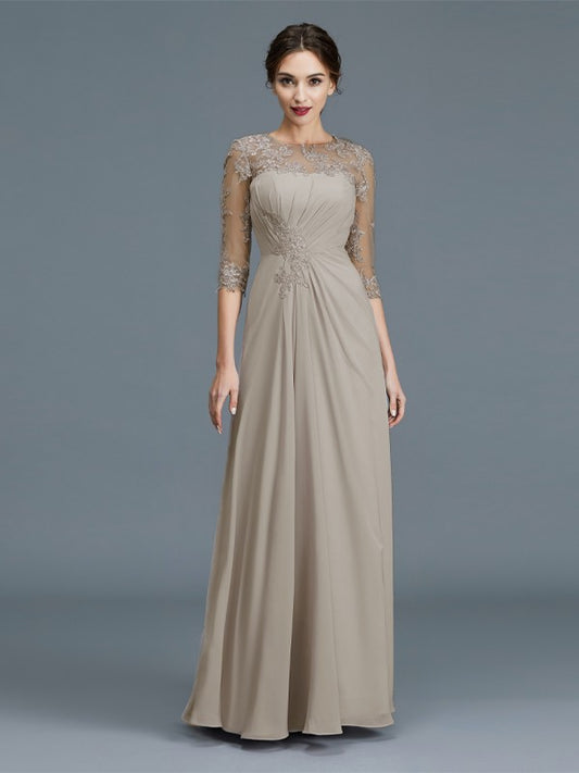 Princess style curved three quarter sleeved chiffon ruffled hem and floor length bridal mother dress