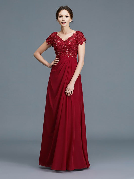 Princess style V-neck short sleeved ruffled chiffon ground bride mother wedding dress