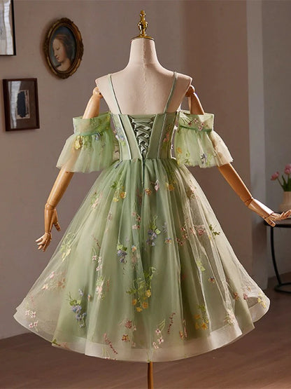 A-Line Off Shoulder Sweetheart Neck Tulle Lace Green Homecoming Dresses
