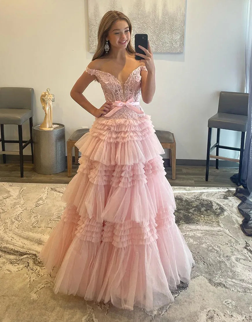 Sexy and elegant A-line shoulder strap with satin ribbon long layered ball dress