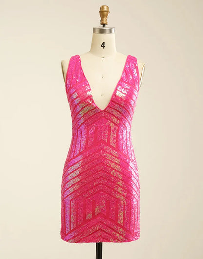 Sexy slim fit V-neck sequin mesh sleeveless return to school short dress