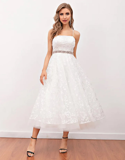 White beautiful and sexy lace midi dance dress
