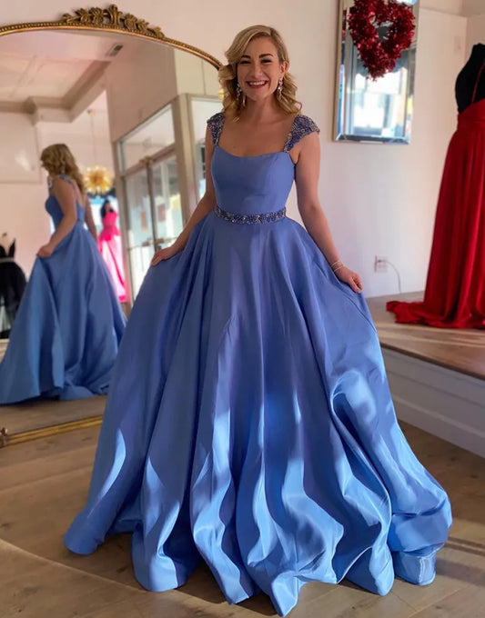 A-line sexy and sweet pleated sleeveless long ball dress