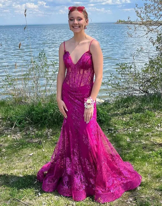 Sexy and elegant V-neck decal mesh long ball dress