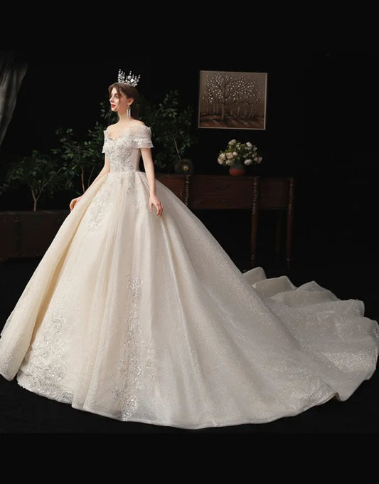 A-line sexy off shoulder sequin beaded wedding dress