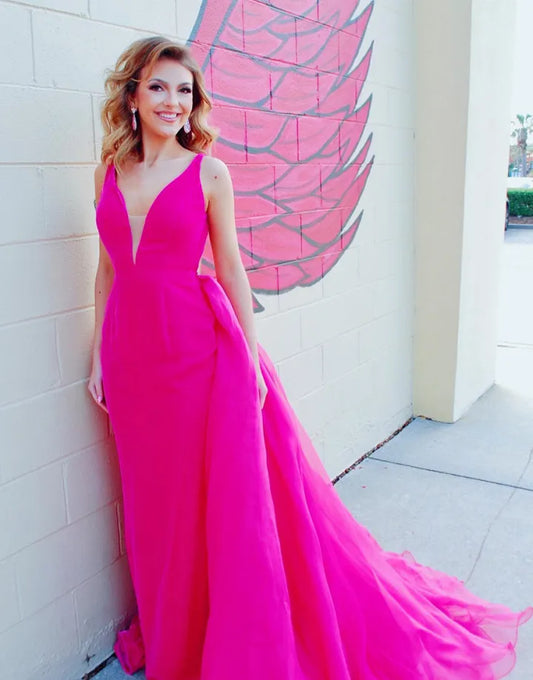 Sexy and elegant A-line V-neck pink backless long ball dress