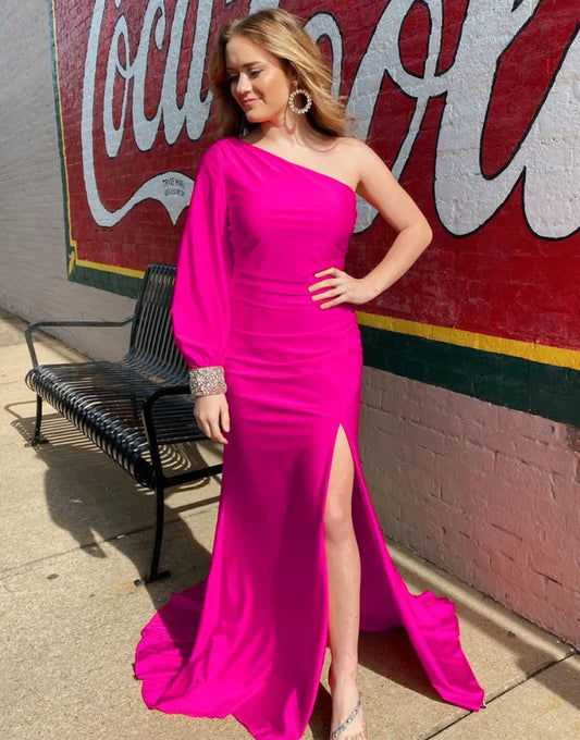 Sexy and elegant one shoulder pink tight fitting long ball dress