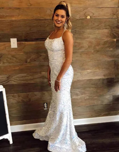 Elegant slim fit mermaid sequin strap long evening dress ball dress