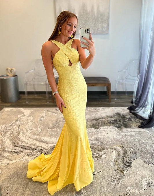 Mermaid sexy slim fit yellow backless long ball dress