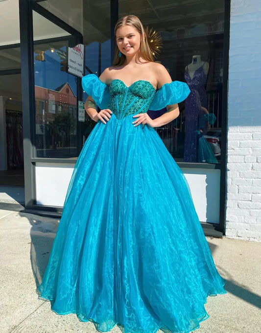 A-line Blue Sexy Off Shoulder Ball Party Formal Dress