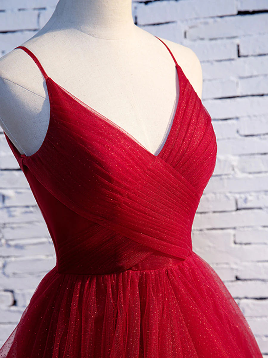 Burgundy v neck tulle long prom dress burgundy prom dress