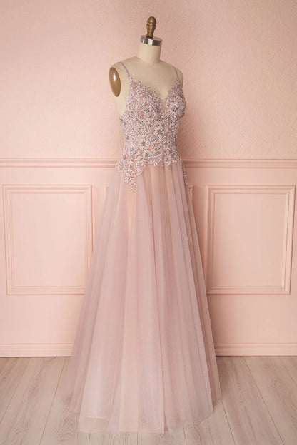 Pink v neck tulle lace applique long prom dress pink prom dress