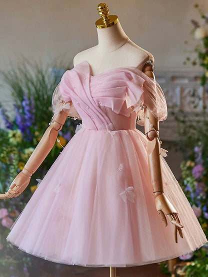 A-Line Off Shoulder Tulle Pink Short Prom Dress Pink Homecoming Dress