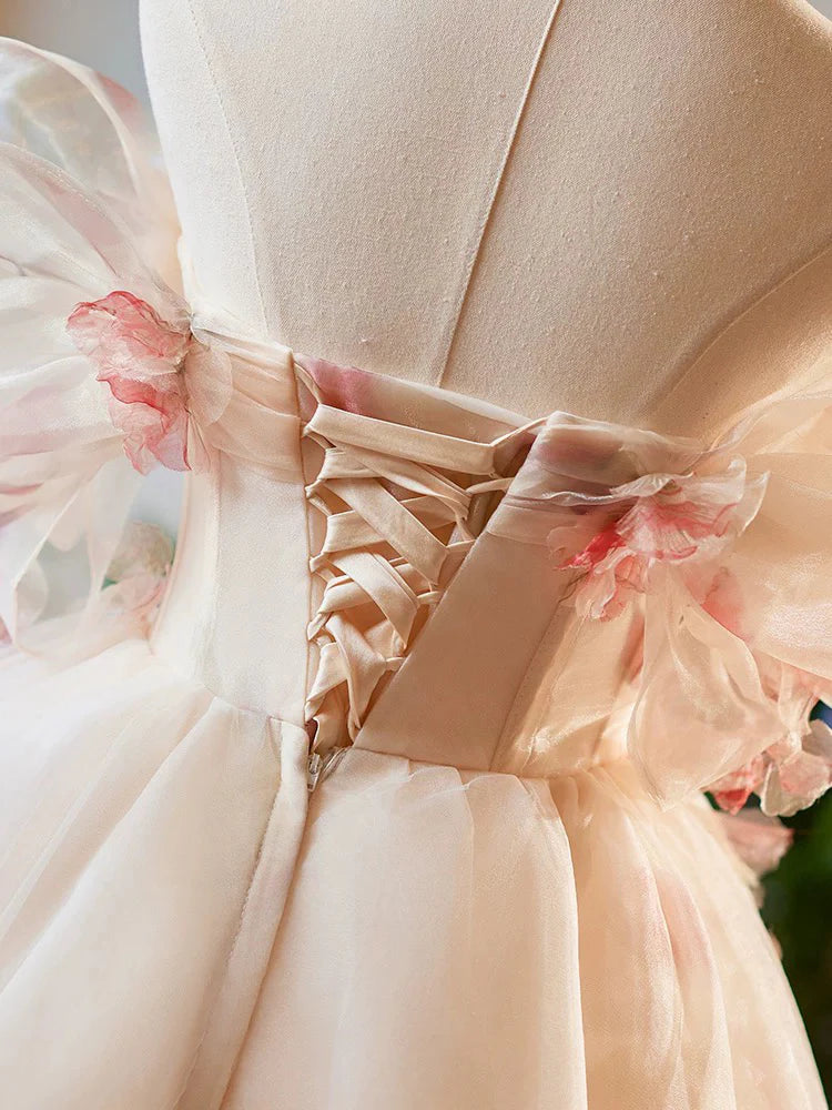 A-Line Off Shoulder Tulle Short Champagne Homecoming Dress