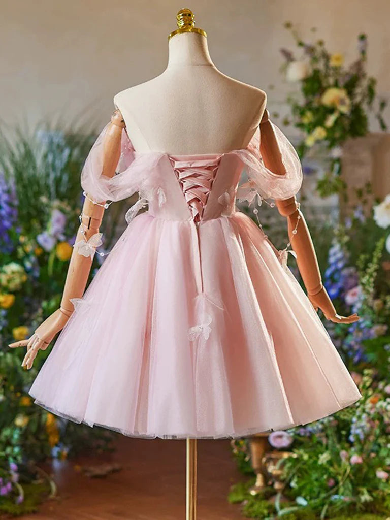 A-Line Off Shoulder Tulle Pink Short Prom Dress Pink Homecoming Dress
