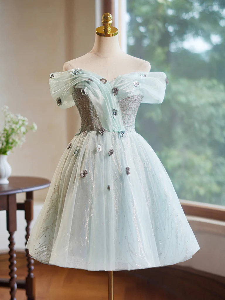 A-Line Off Shoulder Tulle Short Homecoming Dress