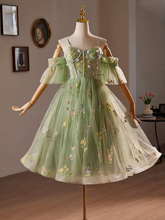 A-Line Off Shoulder Sweetheart Neck Tulle Lace Green Homecoming Dresses